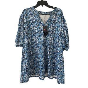 Kikula Womens 5XL Blue Floral V-Neck Short Puff Sleeve Top Cottage Everyday